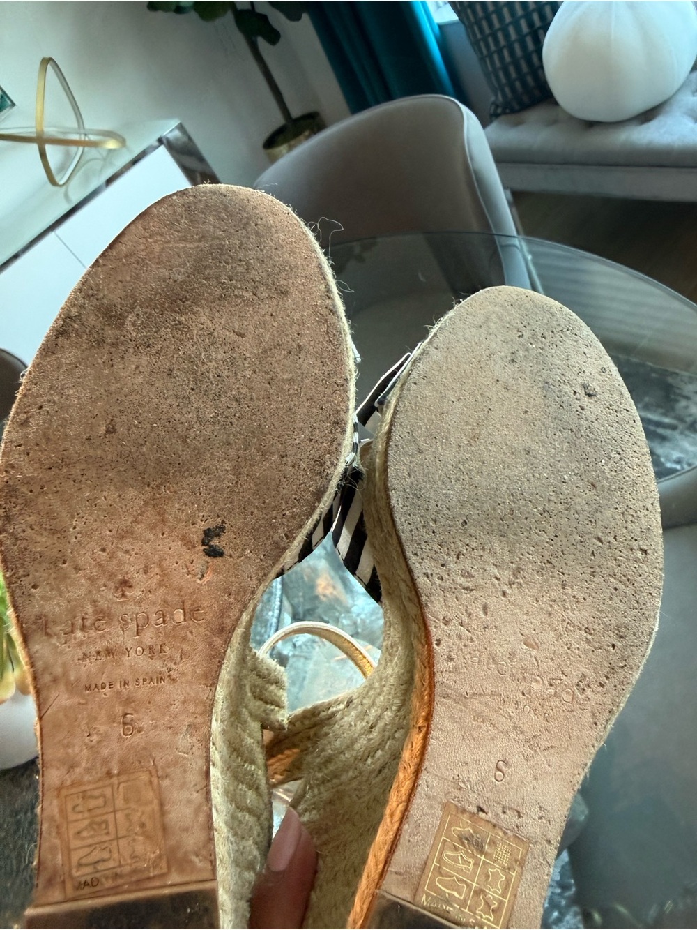 kate spade Black & White Striped Bow Espadrille Wedge Sandals with Gold Studs - Picture 5 of 7